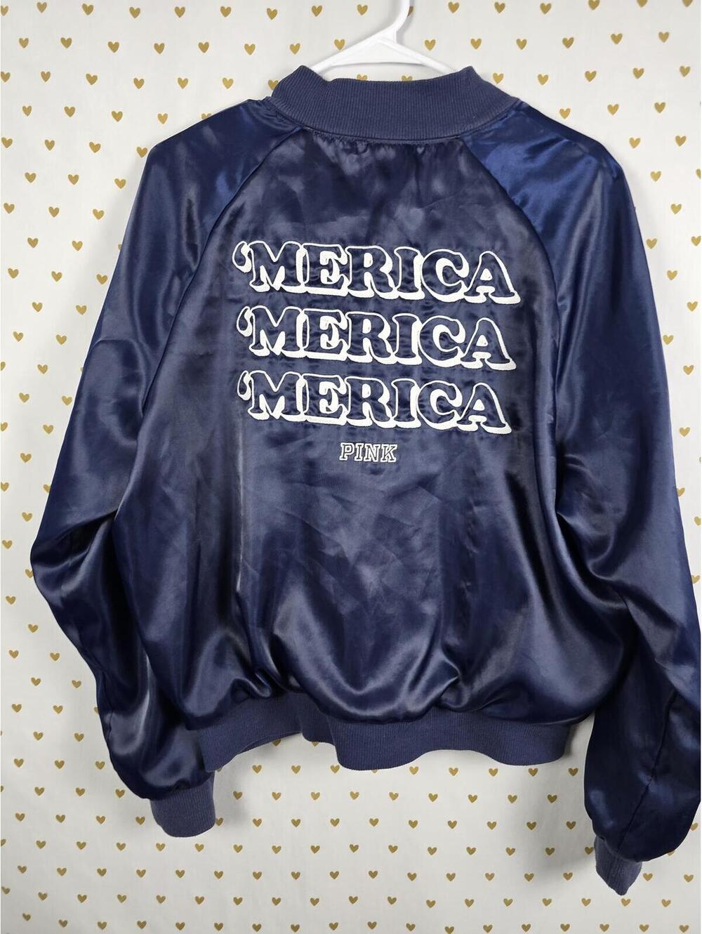 Victorias Secret Pink PATRIOTIC USA 'MERICA Bomber Jacket SATIN LARGE